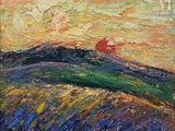 une peinture à l'huile représentant un soleil rouge se couchant sur une colline verte