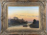 an oil painting of a river scene with a castle in the distance