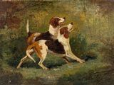 tableau représentant deux chiens jouant ensemble dans un champ