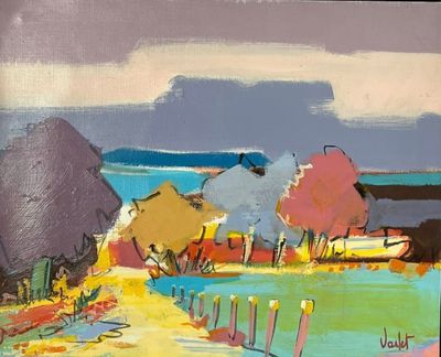 une peinture représentant une peinture représentant un paysage avec des arbres