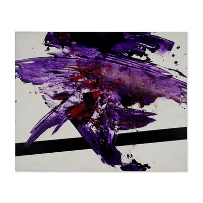 peinture abstraite représentant un oiseau violet sur un fond noir et blanc