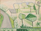 un tableau représentant une route bordée d'arbres et de buissons