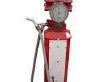 une pompe à essence rouge et blanche à laquelle est raccordé un tuyau