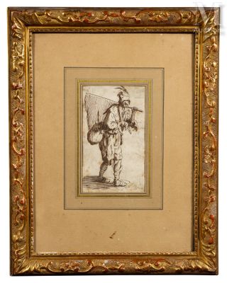 a drawing of a man carrying a basket in a gold frame