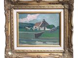 painting of a boat in a body of water with a house in the background