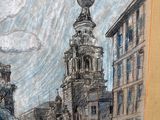 drawing of a street scene with a clock tower in the background