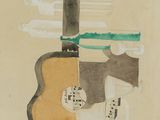 une image représentant un dessin d'une guitare et d'un homme moustachu