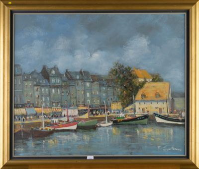 une peinture de bateaux dans un port avec des bâtiments à l'arrière-plan