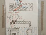a drawing of a man standing in front of a stove