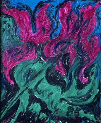 a painting of a pink flower on a green and blue background