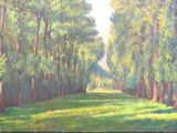 tableau représentant un champ verdoyant avec des arbres et de l'herbe au premier plan