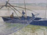 a painting of three men in a boat on the water