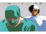 two anime characters are standing next to each other in front of a white background