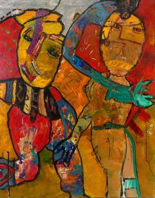 abstract painting of two people standing next to each other on a yellow background