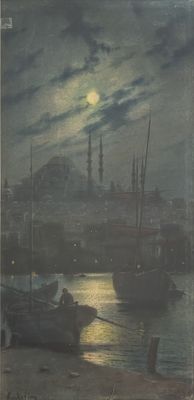 painting of boats in a harbor at night with a full moon in the sky