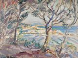 a painting of a view of the ocean from a hill