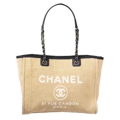 chanel jute canvas tote bag with chain handles