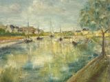 a painting of a river with boats on it