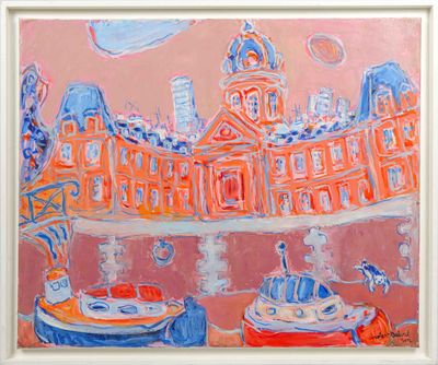 painting of boats in front of a building with a clock tower in the background