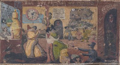 painting on the wall of a building with people in it