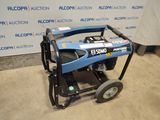 a small blue generator sitting on a cart in front of a wall