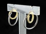 two tone gold and silver hoop earrings on a clear stand