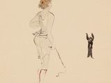 a drawing of a woman standing next to a cat