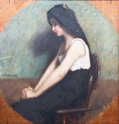 tableau représentant une femme assise sur une chaise, coiffée d'un chapeau