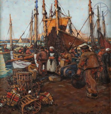 painting of a group of people standing around a boat on a body of water