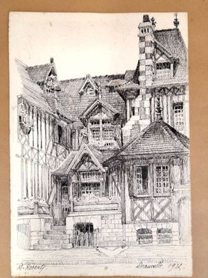 an old drawing of a building with a clock tower