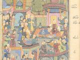 an old book with a painting of people on it