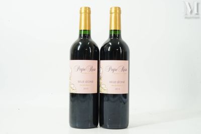 two bottles of red wine sitting on top of a white table