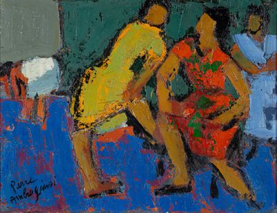 une peinture à l'huile représentant deux femmes assises sur un canapé dans un salon