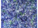 a painting of blue and green flowers on a white background