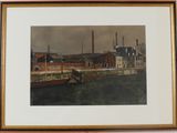 tableau encadré représentant une scène de port avec un bateau au premier plan