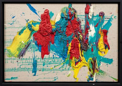 abstract painting of a group of people on a horse with music notes in the background