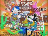 painting of a couple of cartoon characters in a desert setting