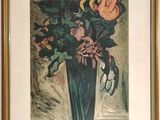painting of a vase of flowers on a table with a wall in the background