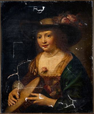 a painting of a woman in a hat holding a book