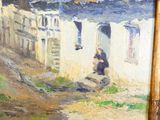 a painting of a man sitting on a rock in front of a building