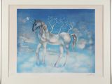 painting of a white horse standing in the snow with trees in the background
