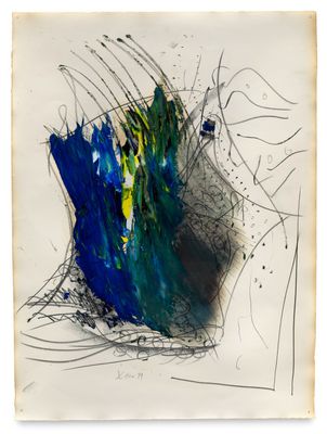 une image représentant un dessin d'une fleur bleue sur une feuille de papier
