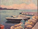un tableau représentant un homme assis sur un rocher à côté d'un bateau