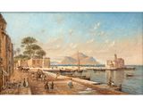 an image of a painting of a harbor scene with boats and people