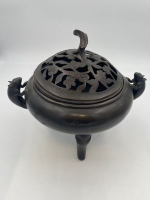 chinese bronze incense burner with birds and flowers