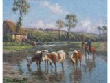 painting of a herd of cattle drinking water from a river