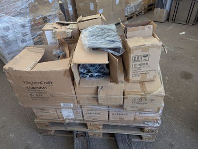 a pile of boxes on a pallet in a warehouse