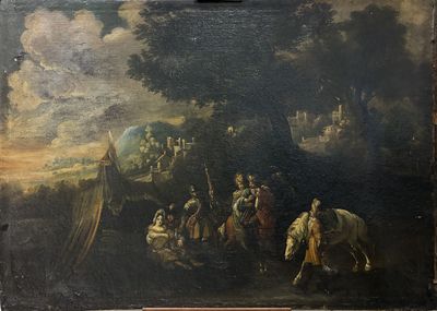 painting of a group of people on horseback in a wooded landscape