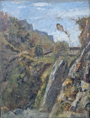 an image of a painting of a mountain scene with rocks and trees