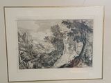 painting of a woman sitting on a rock in a wooded landscape